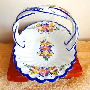 Porcelain Basket Spring Flowers Handpainted Signed China Pottery